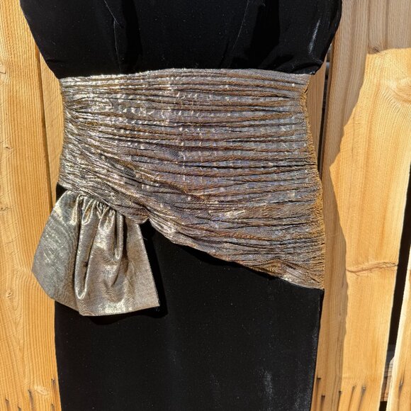 Vintage Dress 80s Black Velvet Gold Lame Fitted Formal Cocktail Sheath S - Picture 6 of 16